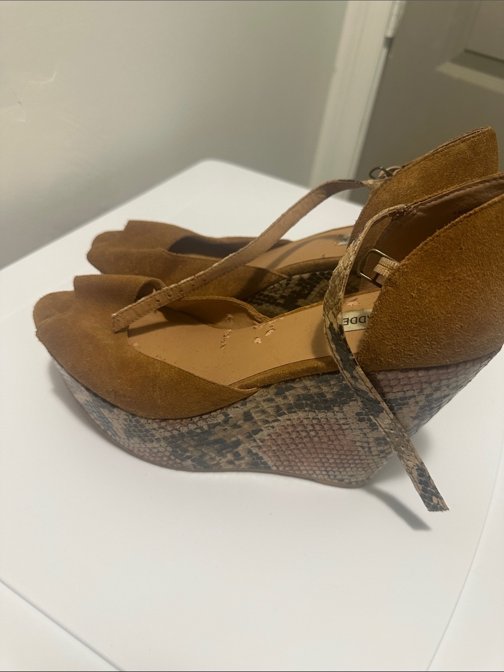 Steve Madden Tan Suede Wedges with Snake-Print Platform